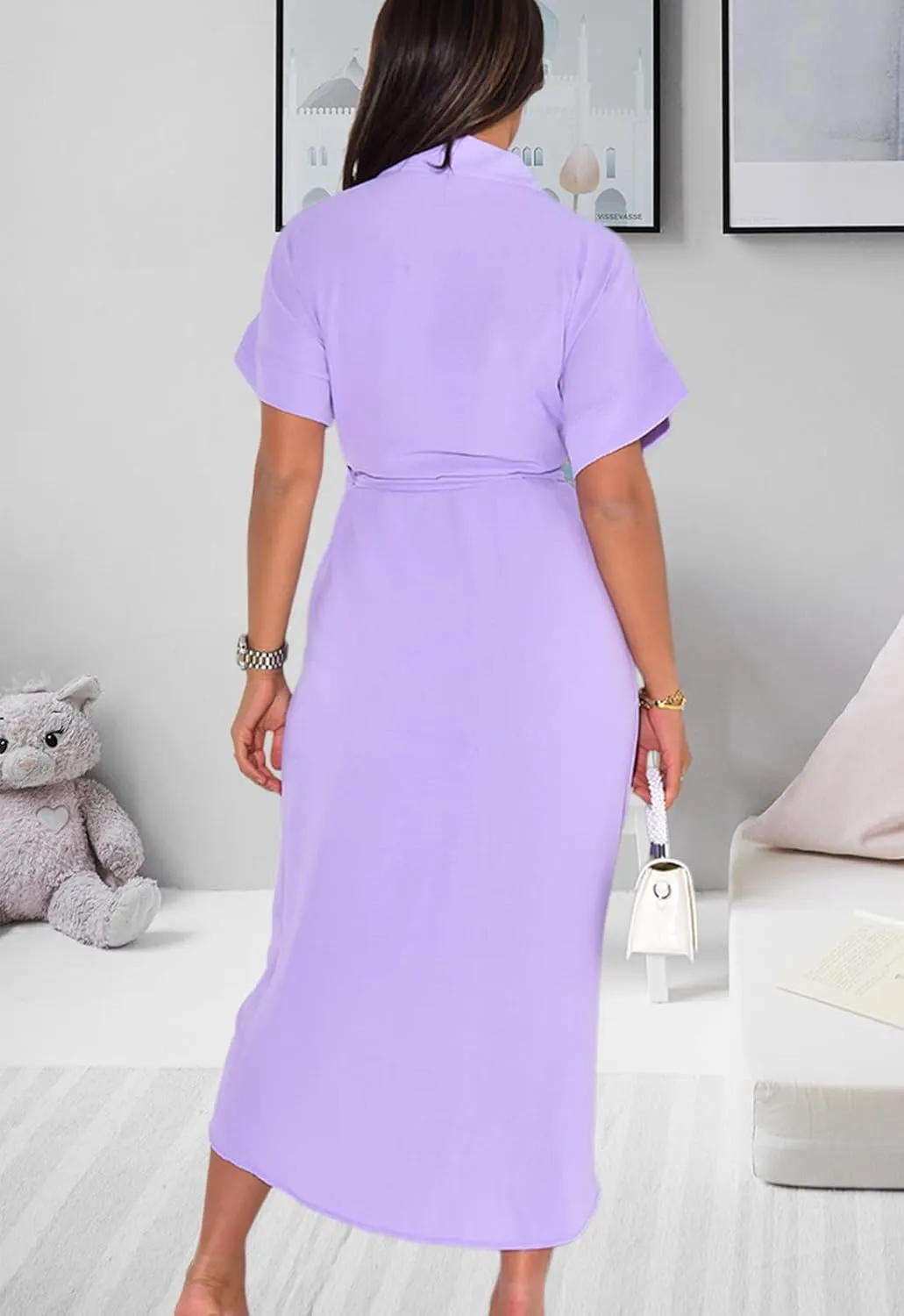 Women's Button Down Ruched Shirt Dresses Casual Short Sleeve Belted Summer Maxi Dress