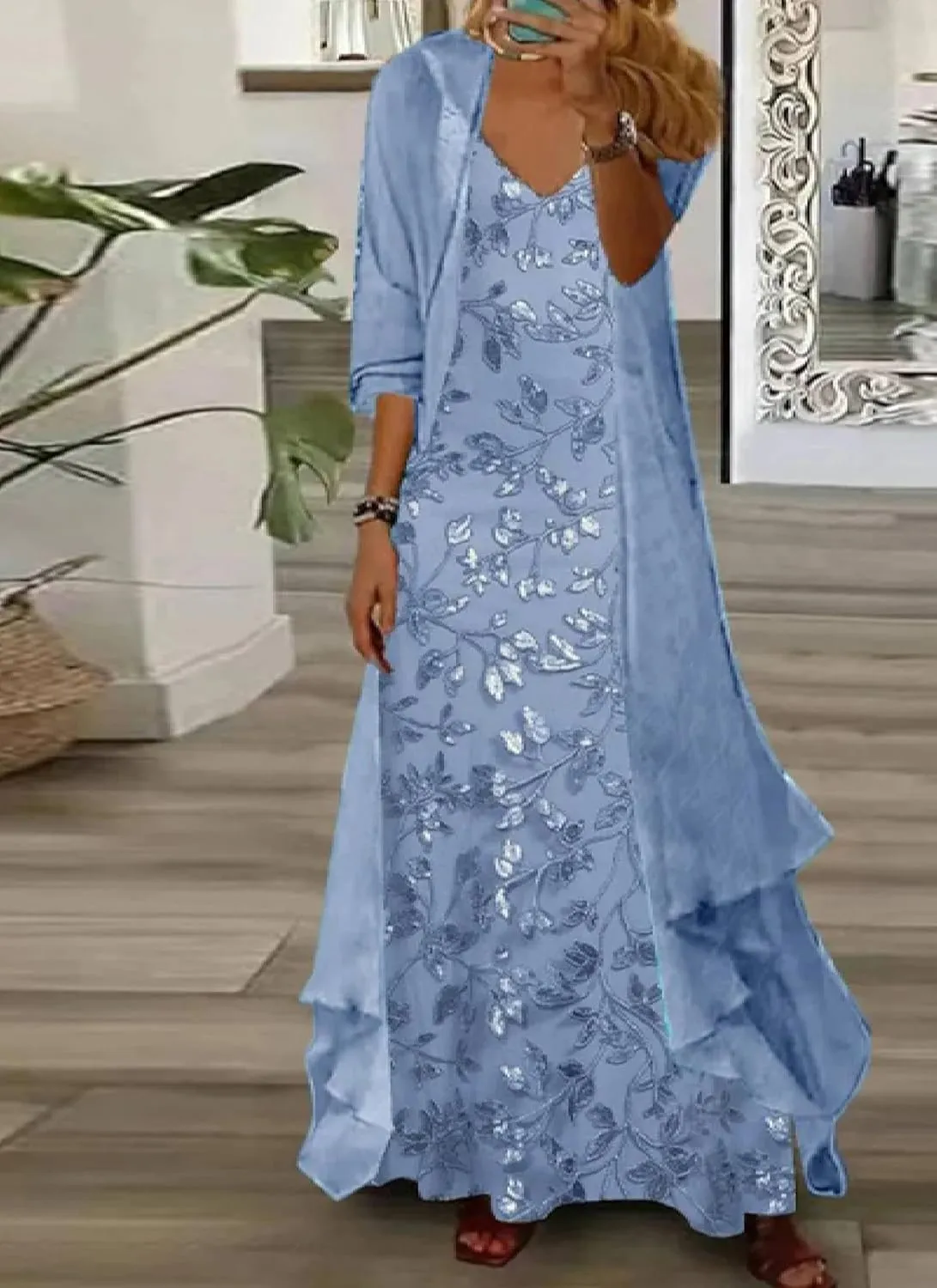 Women's Casual 2 Piece Set 2025 Flowy Summer Outfits Floral Print Maxi Dress with Jacket Loose Irregular Hem Dresses