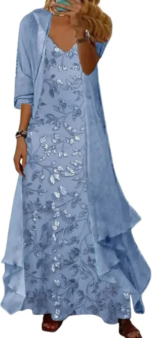 Women's Casual 2 Piece Set 2025 Flowy Summer Outfits Floral Print Maxi Dress with Jacket Loose Irregular Hem Dresses
