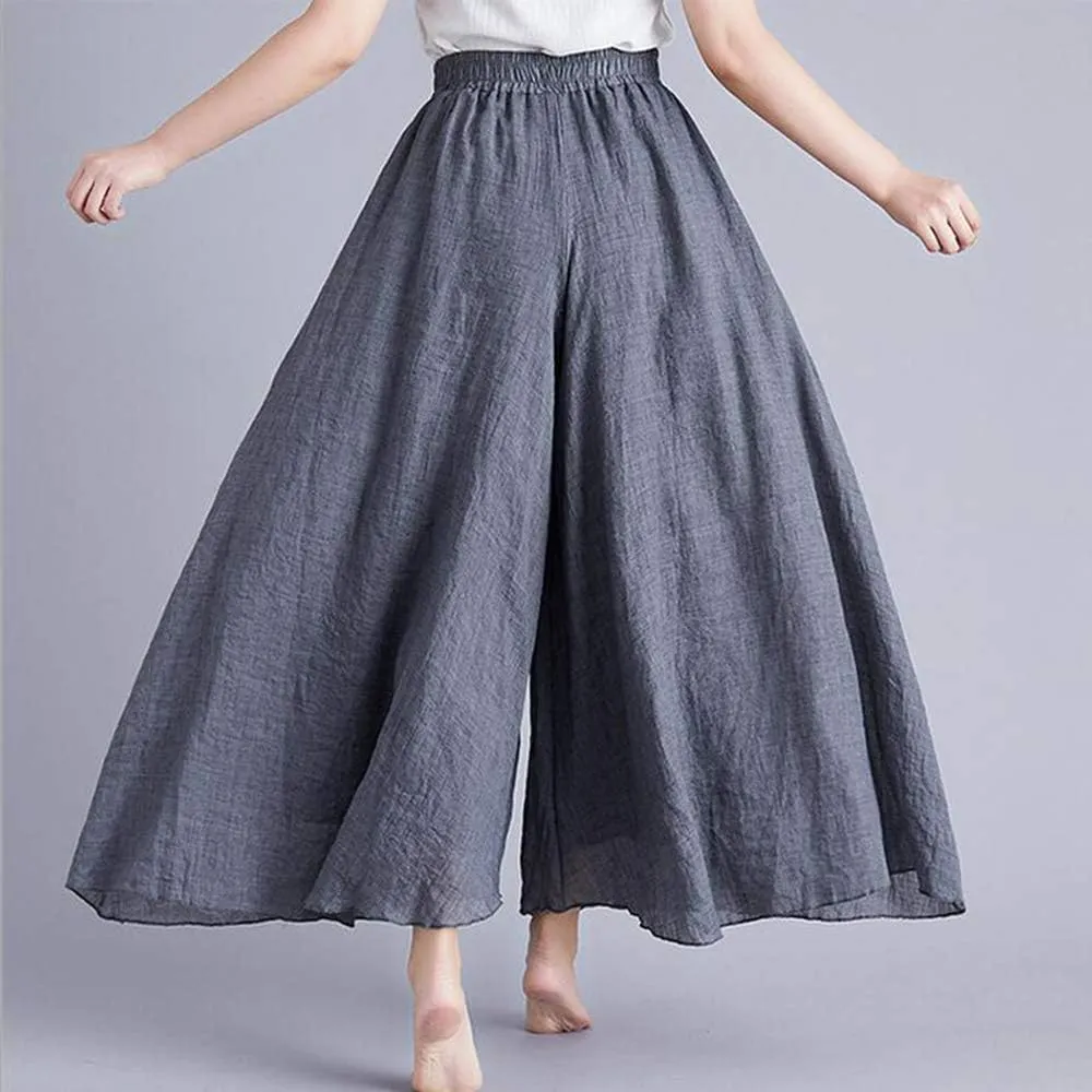 Women's Casual Elastic High Waist Wide Leg Cotton Linen Pants Trousers Skirt Elegant Flowy Wide Leg Pants Loose