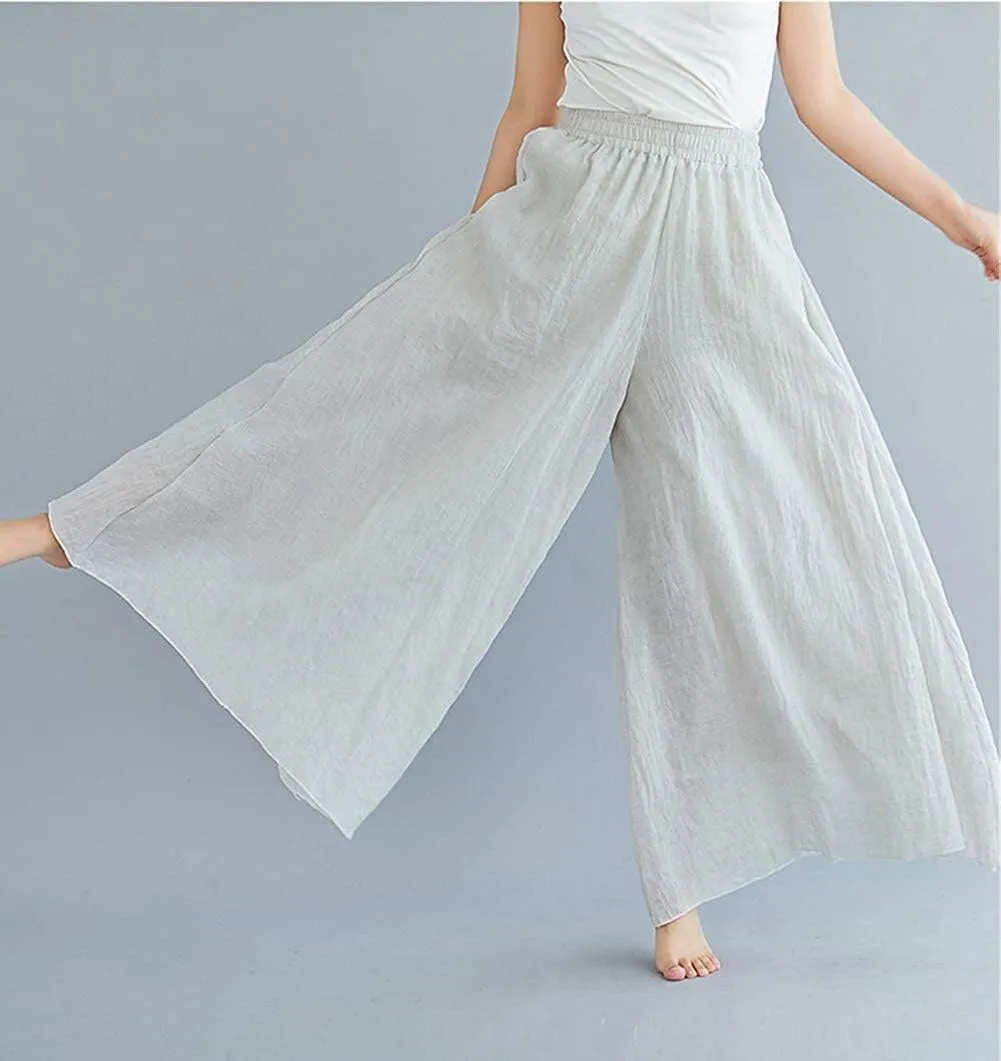 Women's Casual Elastic High Waist Wide Leg Cotton Linen Pants Trousers Skirt Elegant Flowy Wide Leg Pants Loose