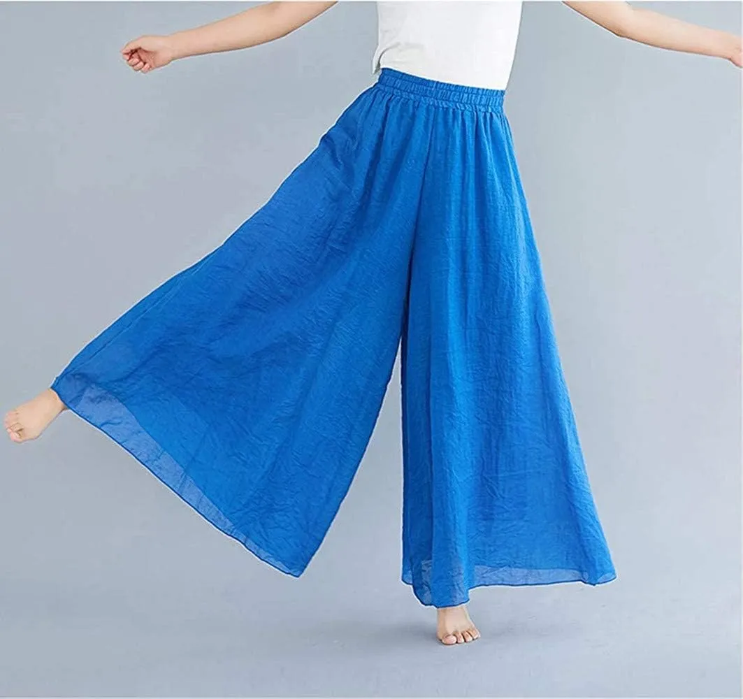 Women's Casual Elastic High Waist Wide Leg Cotton Linen Pants Trousers Skirt Elegant Flowy Wide Leg Pants Loose