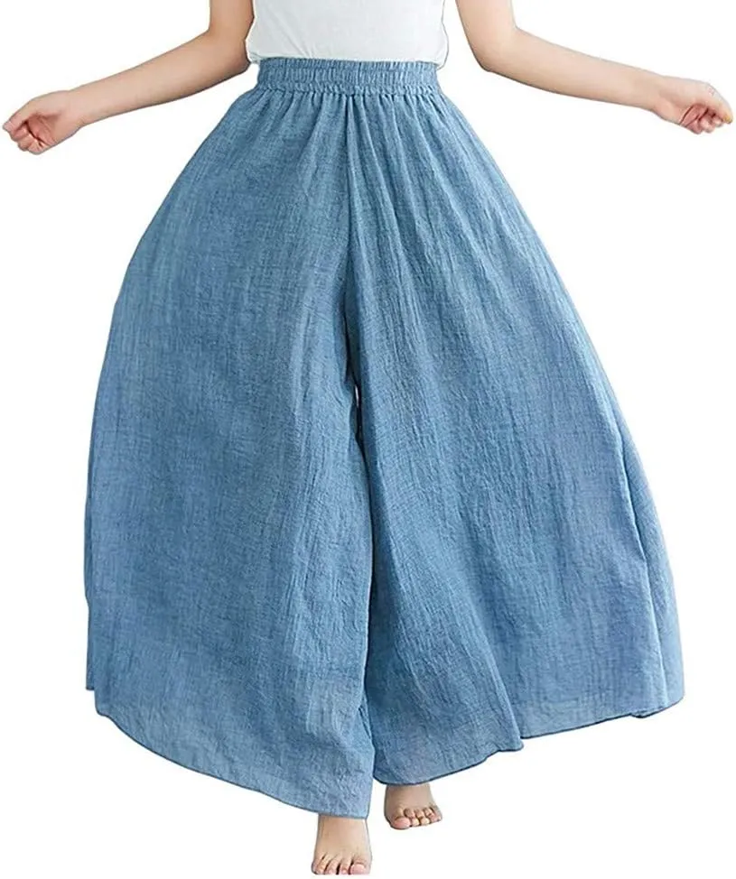 Women's Casual Elastic High Waist Wide Leg Cotton Linen Pants Trousers Skirt Elegant Flowy Wide Leg Pants Loose