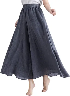 Women's Casual Elastic High Waist Wide Leg Cotton Linen Pants Trousers Skirt Elegant Flowy Wide Leg Pants Loose