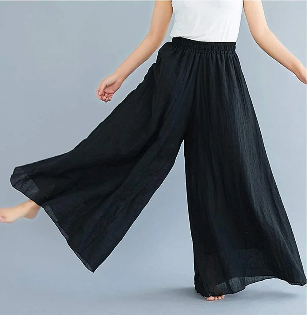 Women's Casual Elastic High Waist Wide Leg Cotton Linen Pants Trousers Skirt Elegant Flowy Wide Leg Pants Loose