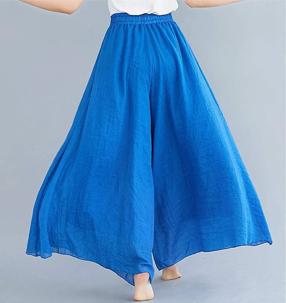 Women's Casual Elastic High Waist Wide Leg Cotton Linen Pants Trousers Skirt Elegant Flowy Wide Leg Pants Loose