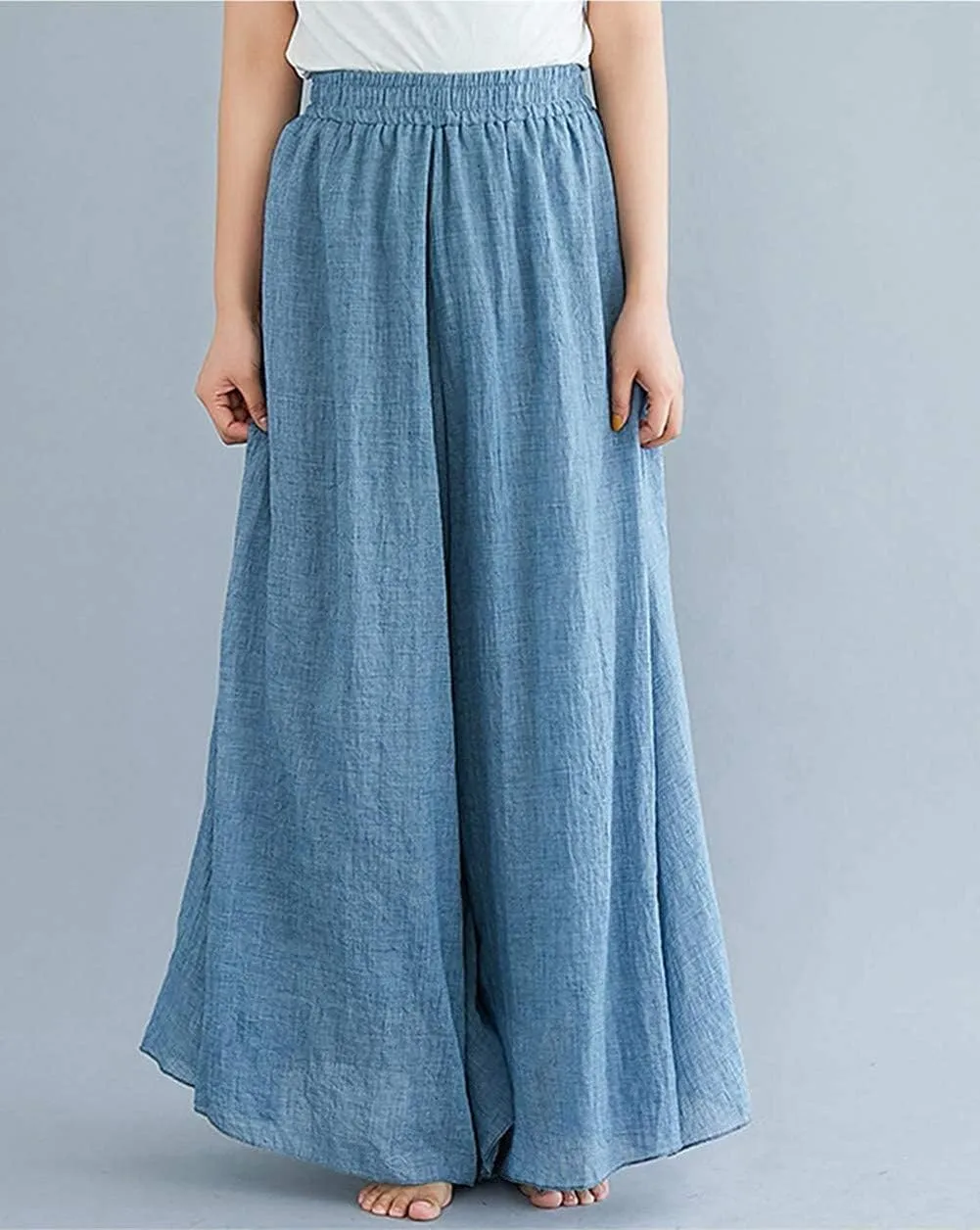 Women's Casual Elastic High Waist Wide Leg Cotton Linen Pants Trousers Skirt Elegant Flowy Wide Leg Pants Loose