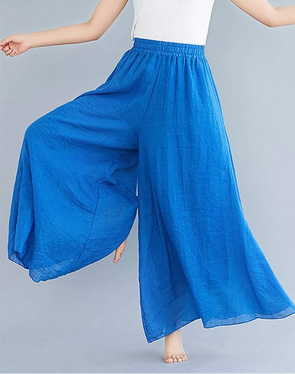 Women's Casual Elastic High Waist Wide Leg Cotton Linen Pants Trousers Skirt Elegant Flowy Wide Leg Pants Loose