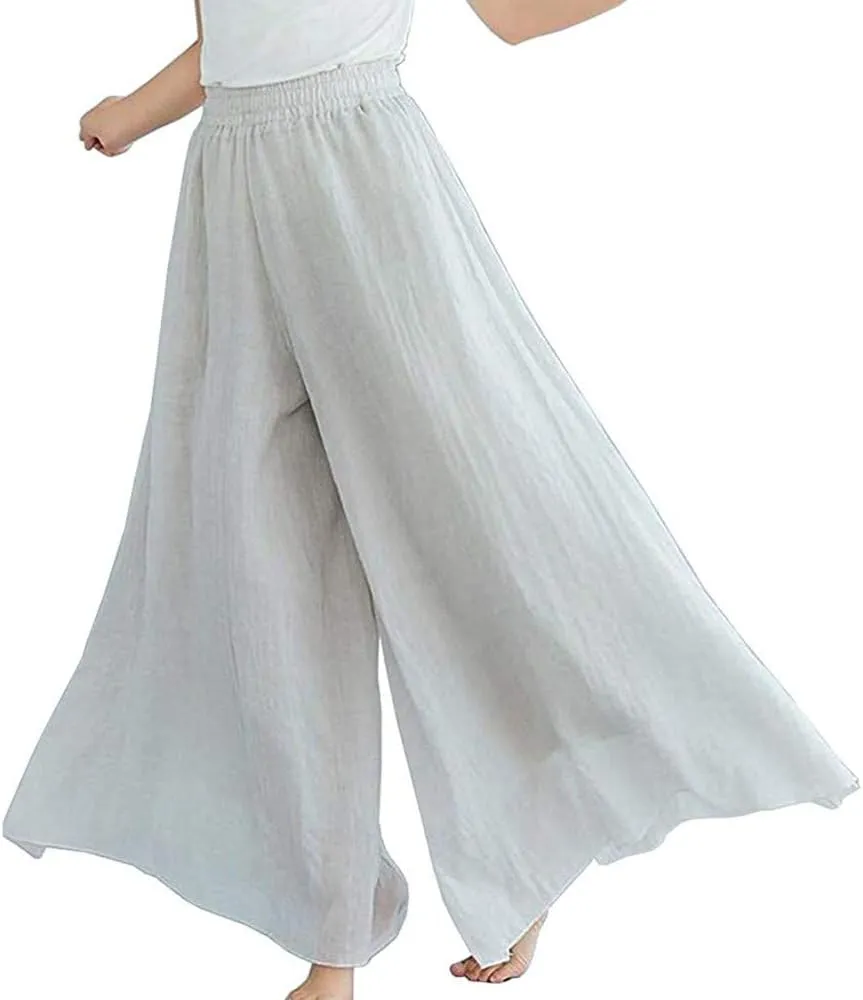 Women's Casual Elastic High Waist Wide Leg Cotton Linen Pants Trousers Skirt Elegant Flowy Wide Leg Pants Loose