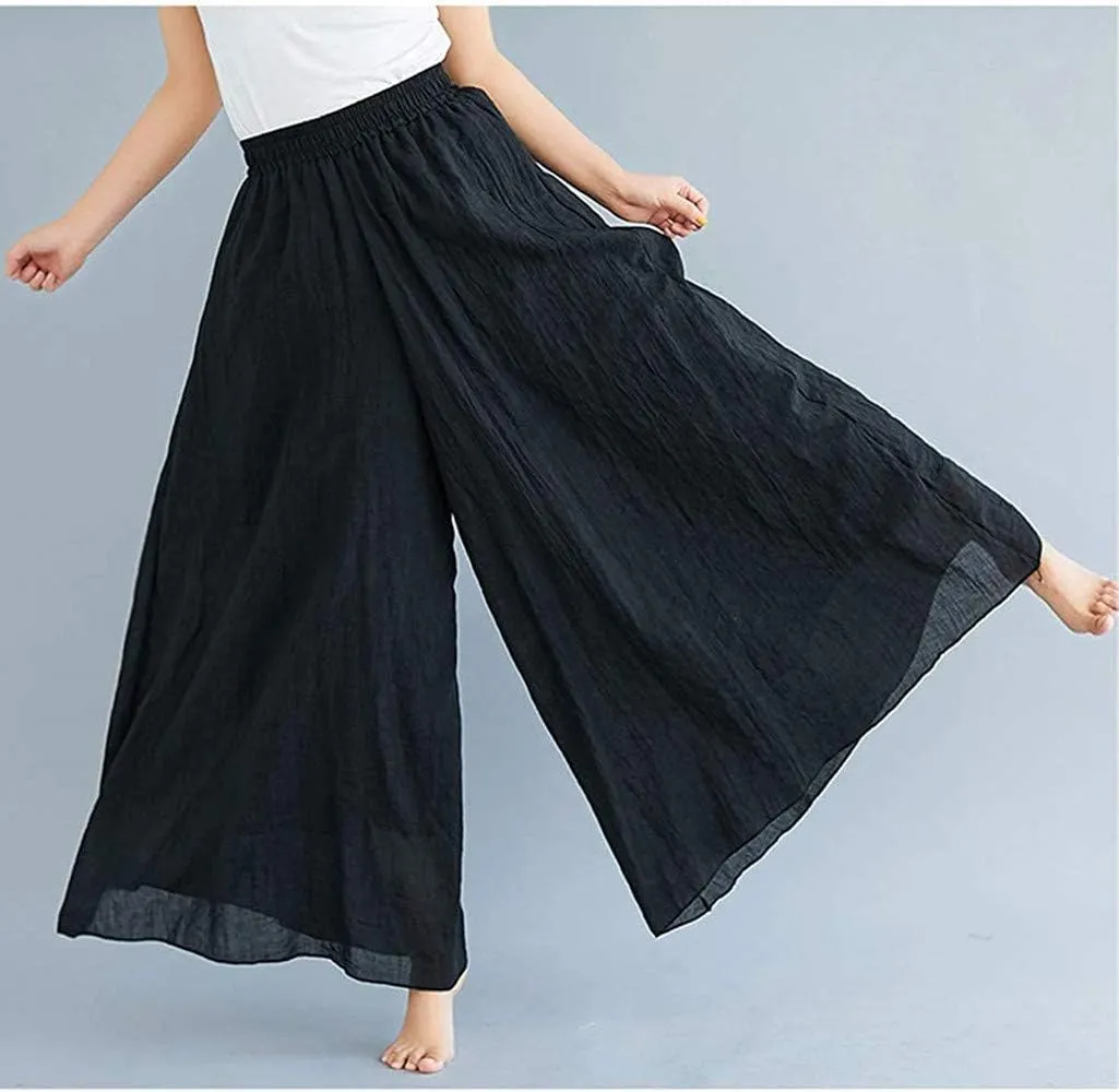 Women's Casual Elastic High Waist Wide Leg Cotton Linen Pants Trousers Skirt Elegant Flowy Wide Leg Pants Loose
