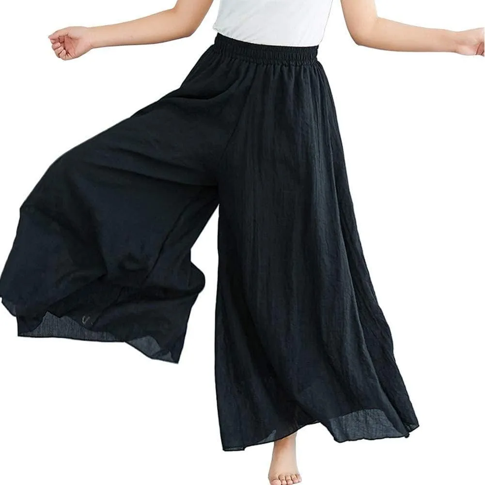 Women's Casual Elastic High Waist Wide Leg Cotton Linen Pants Trousers Skirt Elegant Flowy Wide Leg Pants Loose