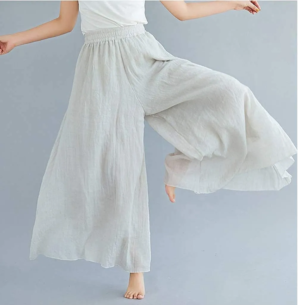 Women's Casual Elastic High Waist Wide Leg Cotton Linen Pants Trousers Skirt Elegant Flowy Wide Leg Pants Loose