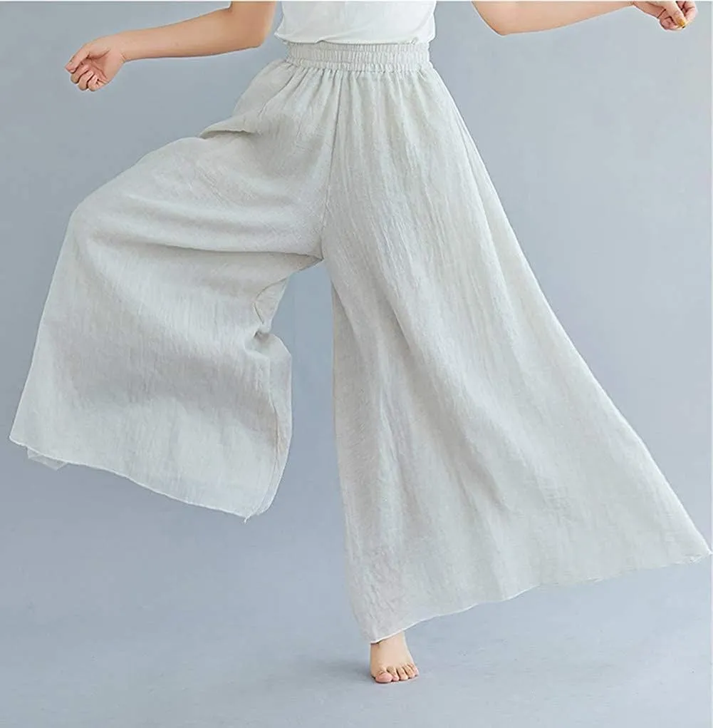 Women's Casual Elastic High Waist Wide Leg Cotton Linen Pants Trousers Skirt Elegant Flowy Wide Leg Pants Loose
