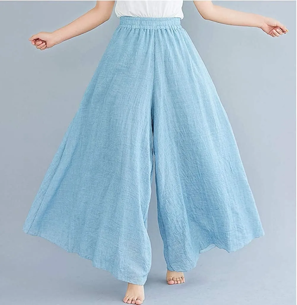 Women's Casual Elastic High Waist Wide Leg Cotton Linen Pants Trousers Skirt Elegant Flowy Wide Leg Pants Loose