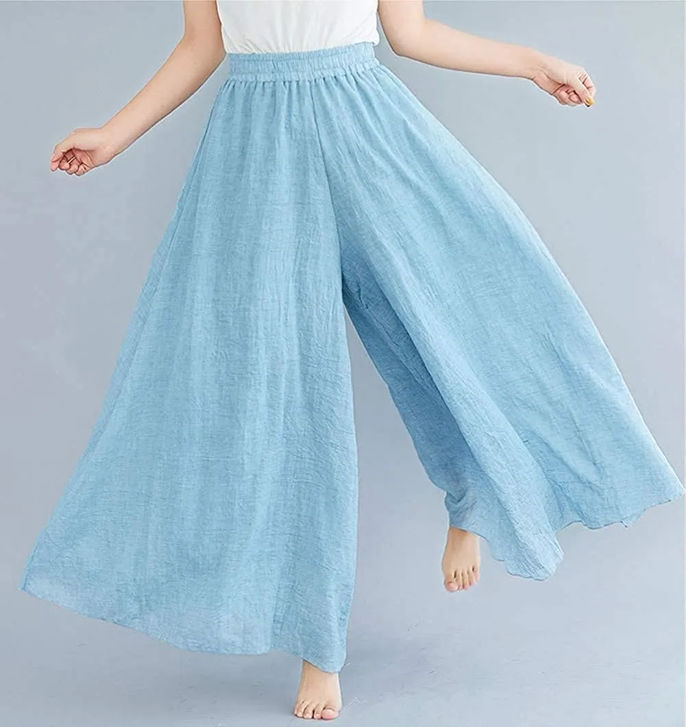 Women's Casual Elastic High Waist Wide Leg Cotton Linen Pants Trousers Skirt Elegant Flowy Wide Leg Pants Loose