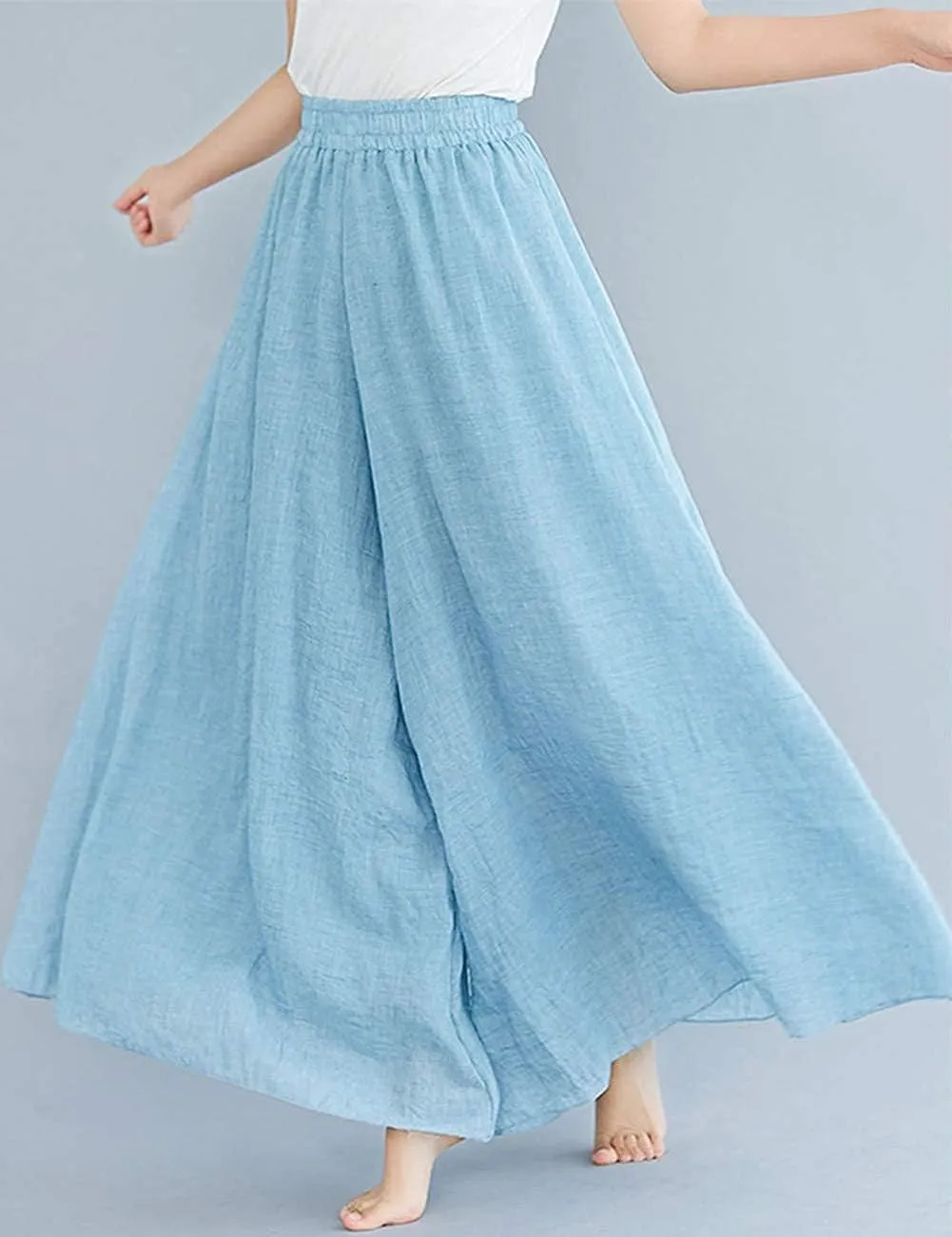 Women's Casual Elastic High Waist Wide Leg Cotton Linen Pants Trousers Skirt Elegant Flowy Wide Leg Pants Loose