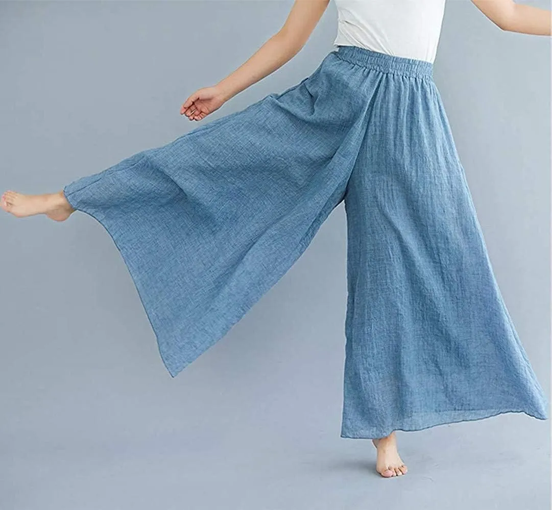 Women's Casual Elastic High Waist Wide Leg Cotton Linen Pants Trousers Skirt Elegant Flowy Wide Leg Pants Loose