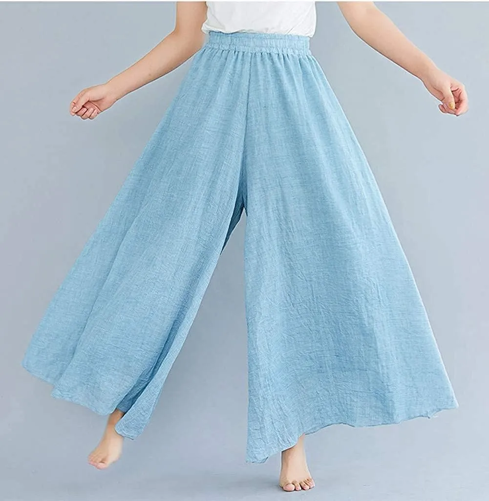 Women's Casual Elastic High Waist Wide Leg Cotton Linen Pants Trousers Skirt Elegant Flowy Wide Leg Pants Loose