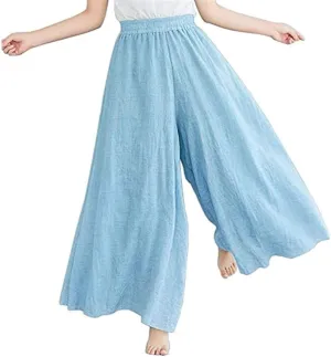 Women's Casual Elastic High Waist Wide Leg Cotton Linen Pants Trousers Skirt Elegant Flowy Wide Leg Pants Loose