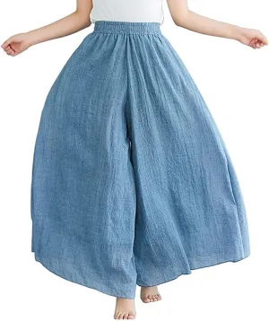 Women's Casual Elastic High Waist Wide Leg Cotton Linen Pants Trousers Skirt Elegant Flowy Wide Leg Pants Loose