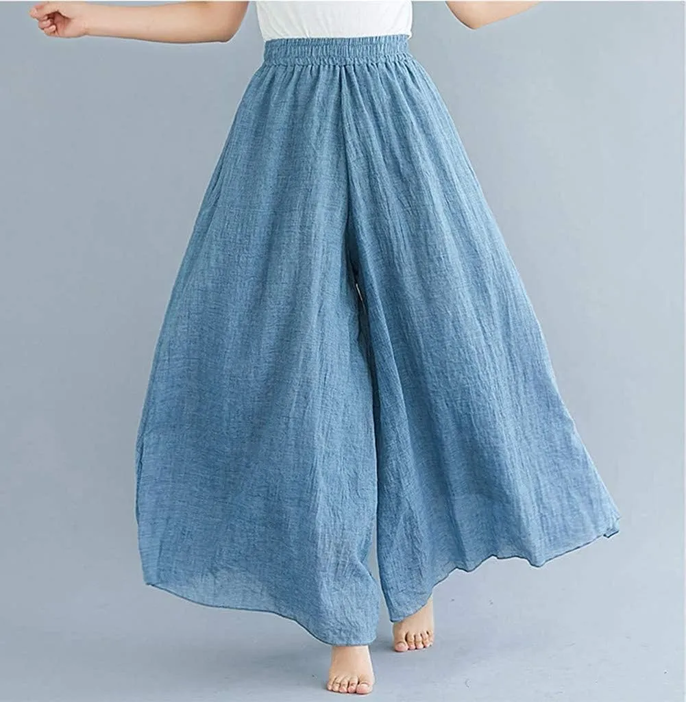 Women's Casual Elastic High Waist Wide Leg Cotton Linen Pants Trousers Skirt Elegant Flowy Wide Leg Pants Loose