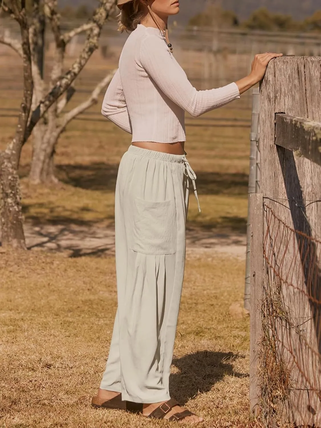 Womens Casual Harem Pants Summer Elastic Waist Wide Leg Trousers Baggy Pockets Crop Leggings