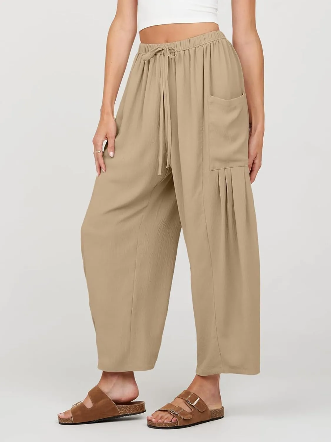Womens Casual Harem Pants Summer Elastic Waist Wide Leg Trousers Baggy Pockets Crop Leggings