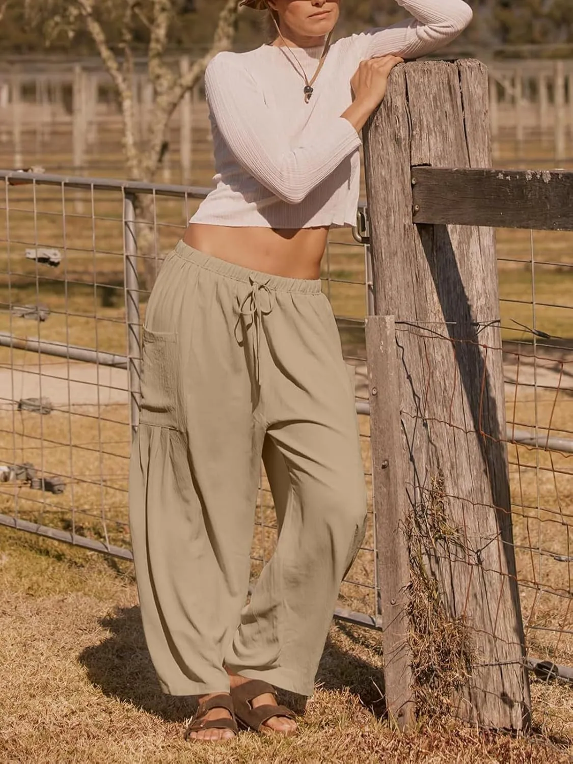 Womens Casual Harem Pants Summer Elastic Waist Wide Leg Trousers Baggy Pockets Crop Leggings