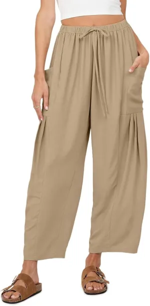 Womens Casual Harem Pants Summer Elastic Waist Wide Leg Trousers Baggy Pockets Crop Leggings