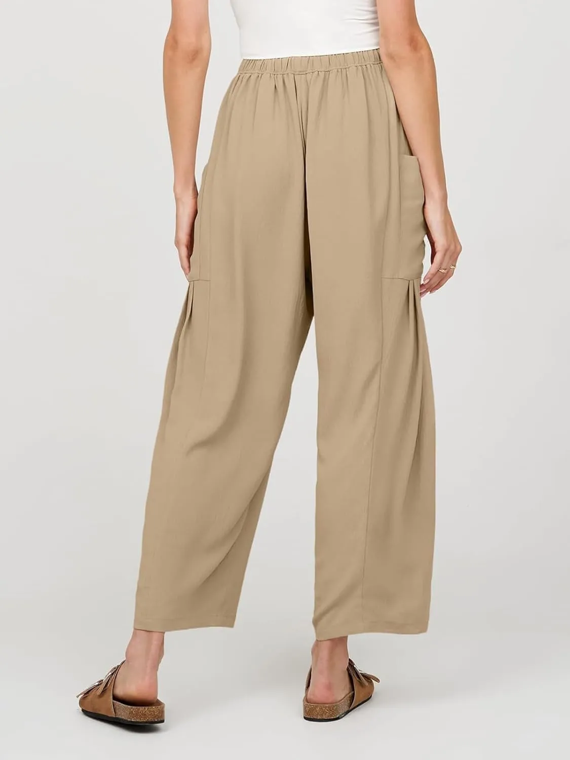 Womens Casual Harem Pants Summer Elastic Waist Wide Leg Trousers Baggy Pockets Crop Leggings