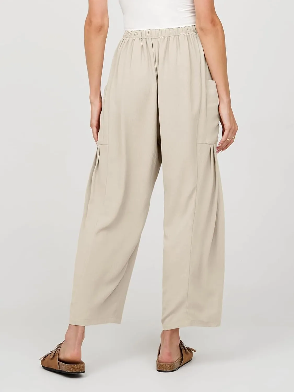 Womens Casual Harem Pants Summer Elastic Waist Wide Leg Trousers Baggy Pockets Crop Leggings
