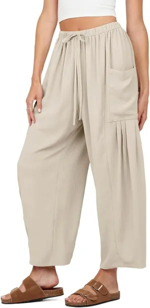 Womens Casual Harem Pants Summer Elastic Waist Wide Leg Trousers Baggy Pockets Crop Leggings