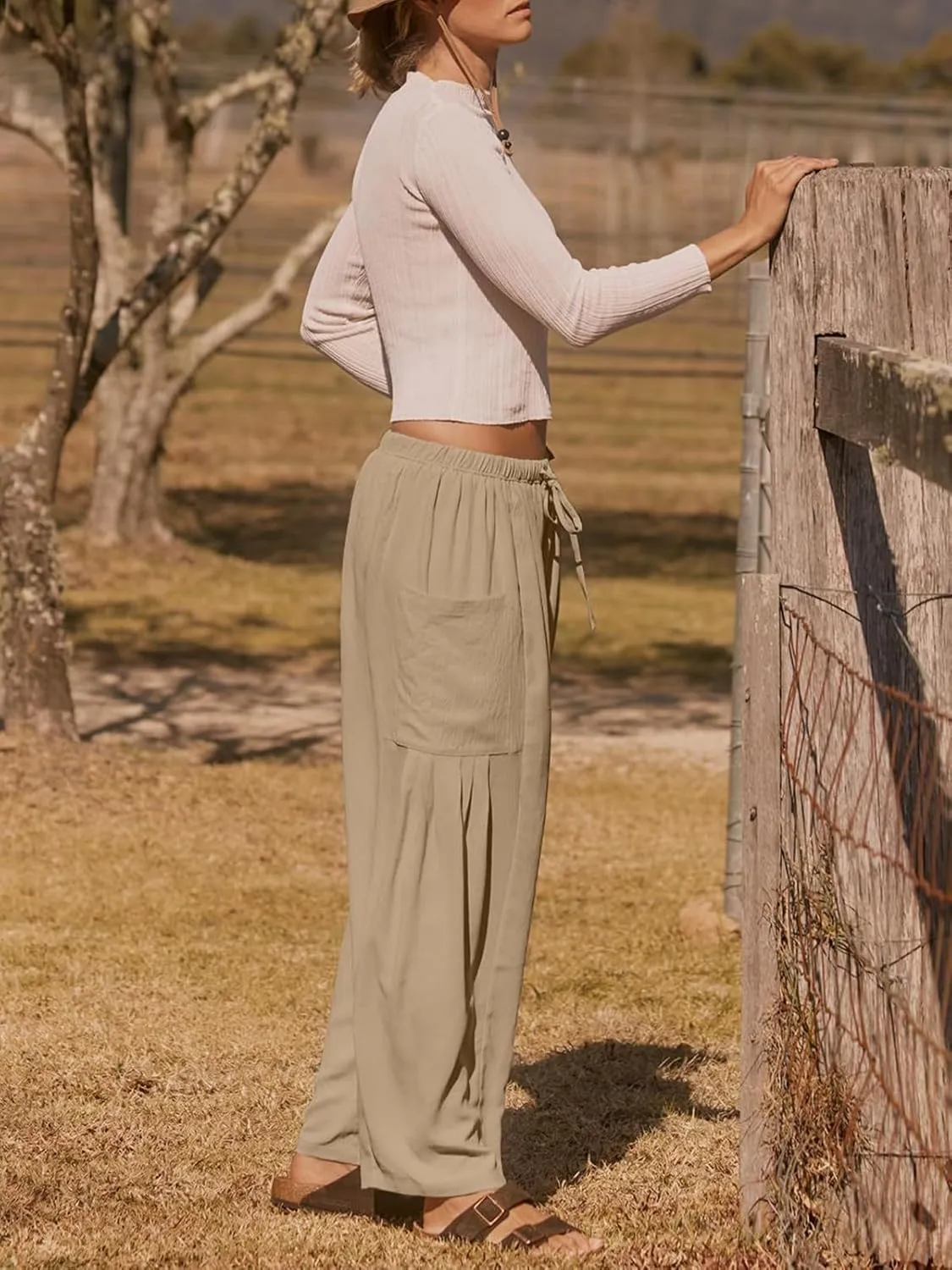 Womens Casual Harem Pants Summer Elastic Waist Wide Leg Trousers Baggy Pockets Crop Leggings