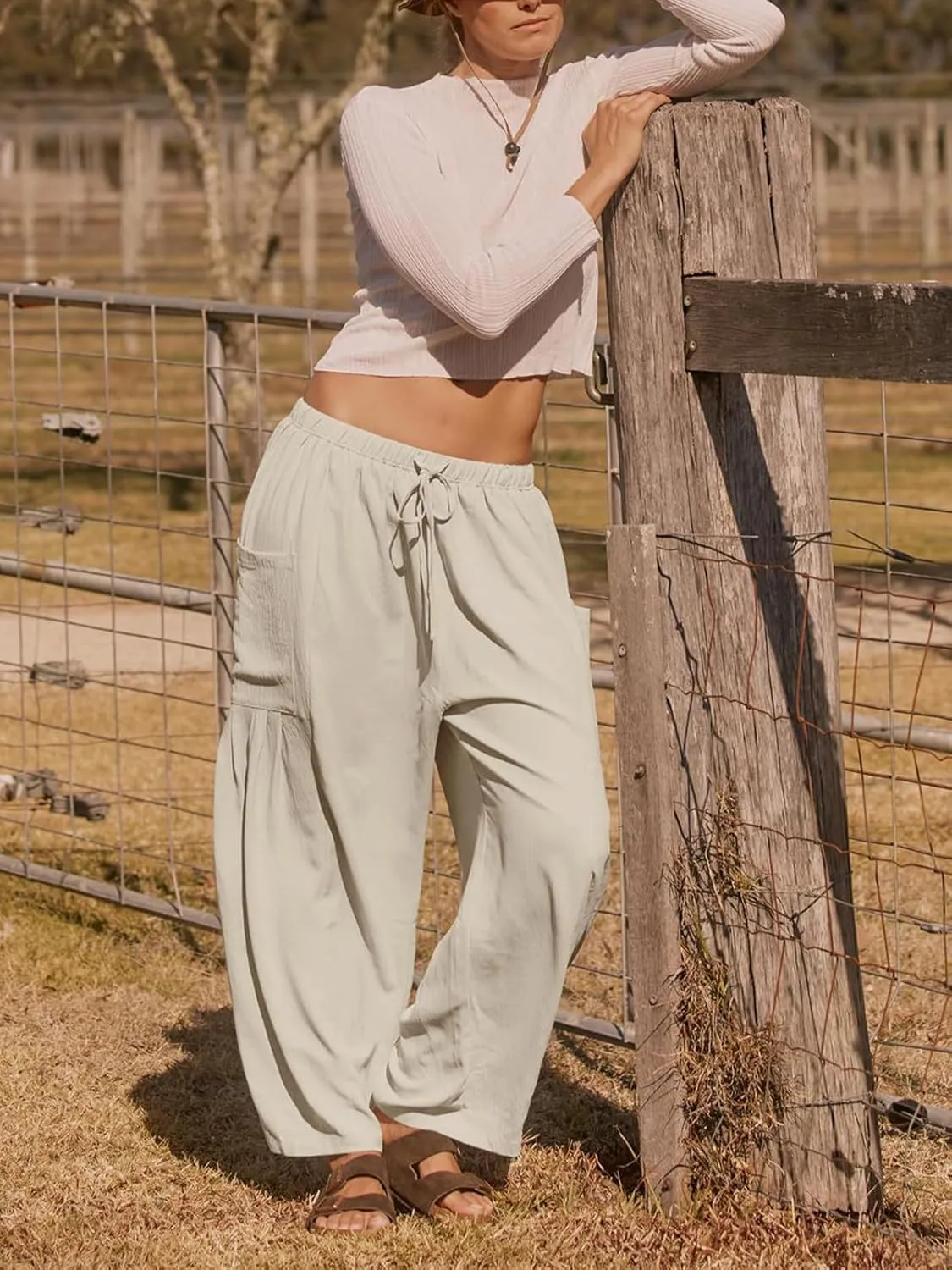 Womens Casual Harem Pants Summer Elastic Waist Wide Leg Trousers Baggy Pockets Crop Leggings