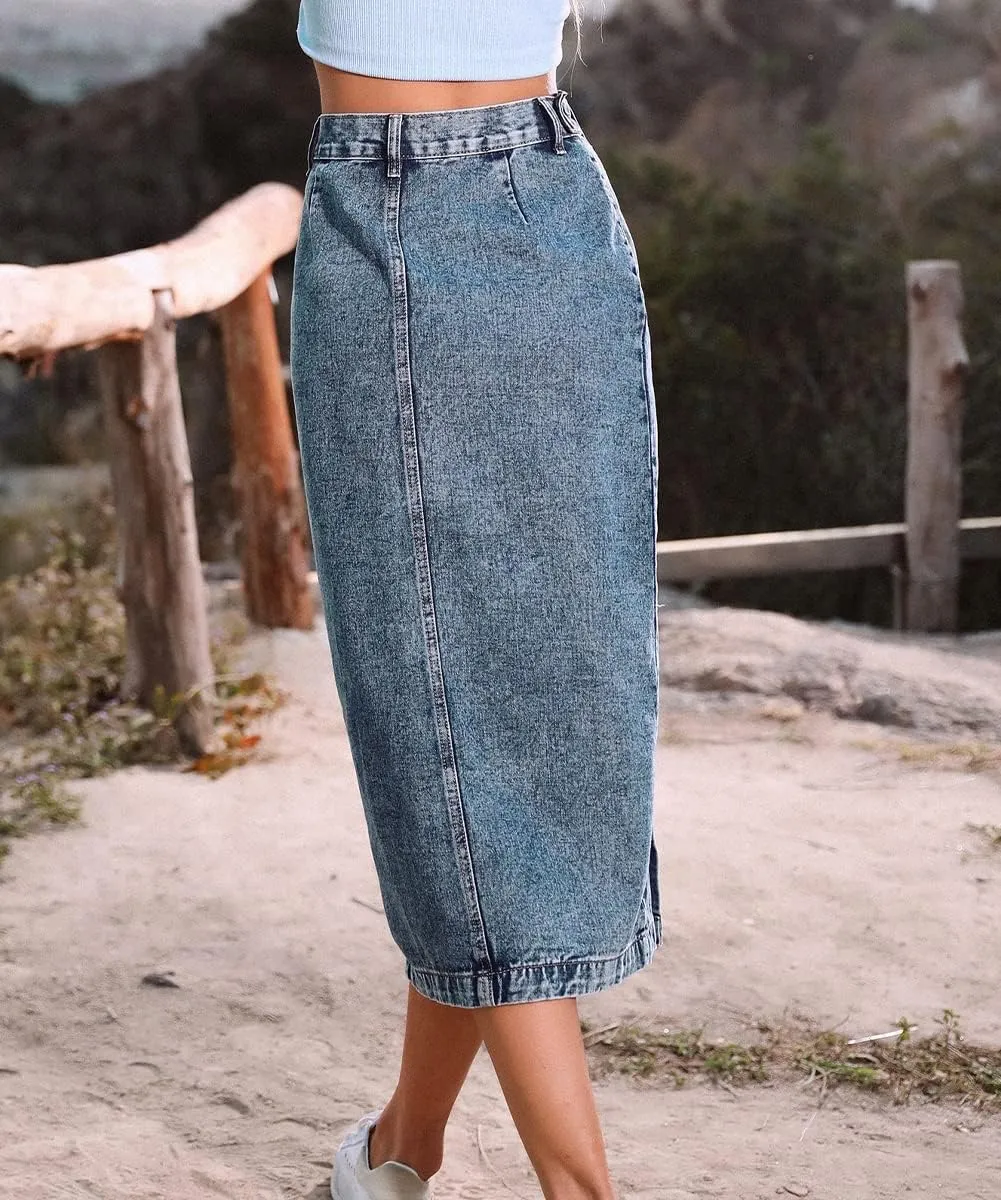 Women's Casual High Waisted Button Up Denim Midi Skirts Irregular Split A Line Jean Pencil Skirt