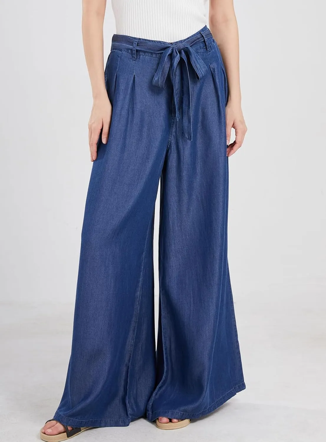 Women's Casual Tie Knot Wide Leg Jean Trousers Flowy Culottes High Waist Dressy Denim Pants with Pockets