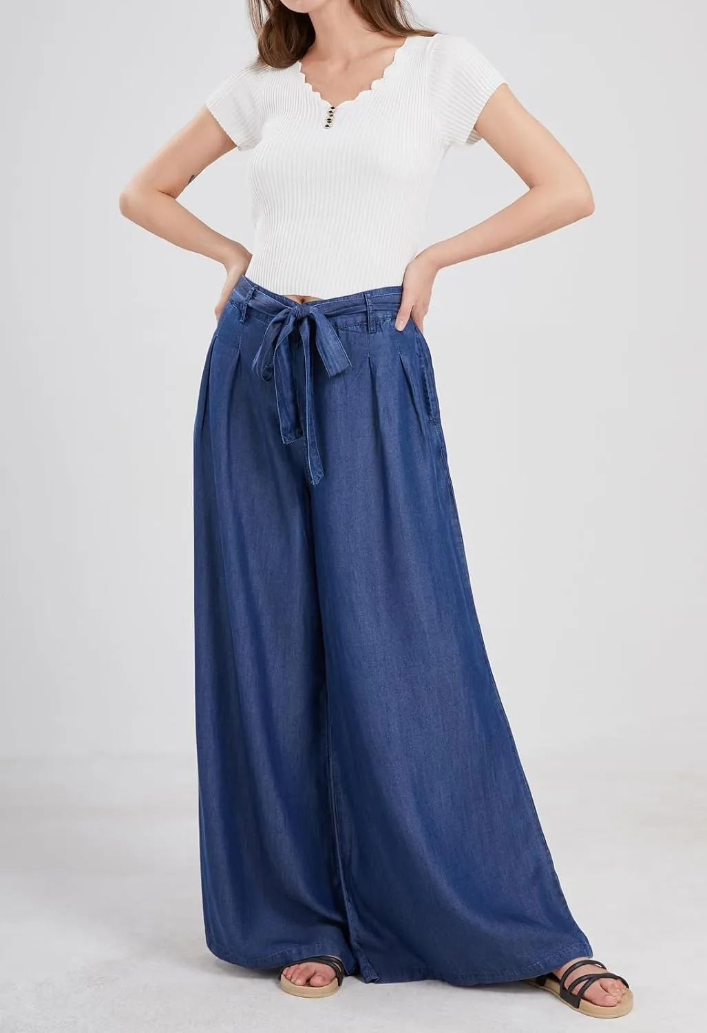 Women's Casual Tie Knot Wide Leg Jean Trousers Flowy Culottes High Waist Dressy Denim Pants with Pockets