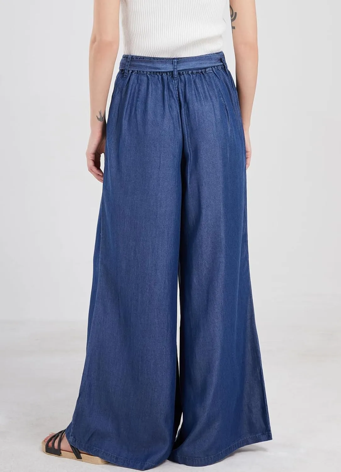 Women's Casual Tie Knot Wide Leg Jean Trousers Flowy Culottes High Waist Dressy Denim Pants with Pockets