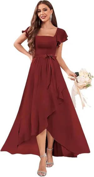 Women's Chiffon Bridesmaid Dresses Ruffle Sleeve A Line Long Evening Formal Party Dress with Slit