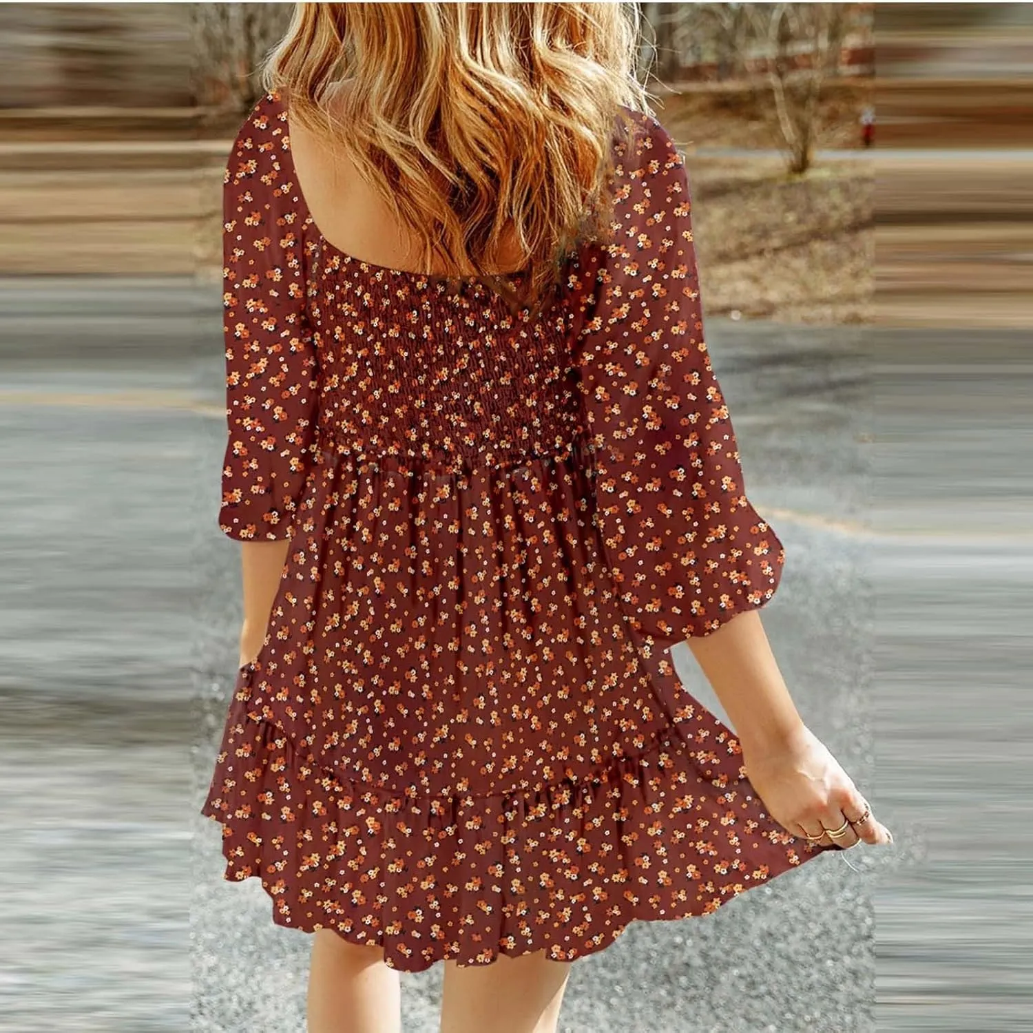 Womens Dresses 2024 Boho Floral Square Neck Smocked Summer Fall Casual 3/4 Sleeve A-Line Flowy Swing Mini Dress