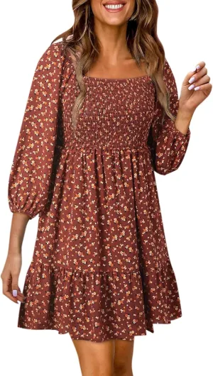 Womens Dresses 2024 Boho Floral Square Neck Smocked Summer Fall Casual 3/4 Sleeve A-Line Flowy Swing Mini Dress