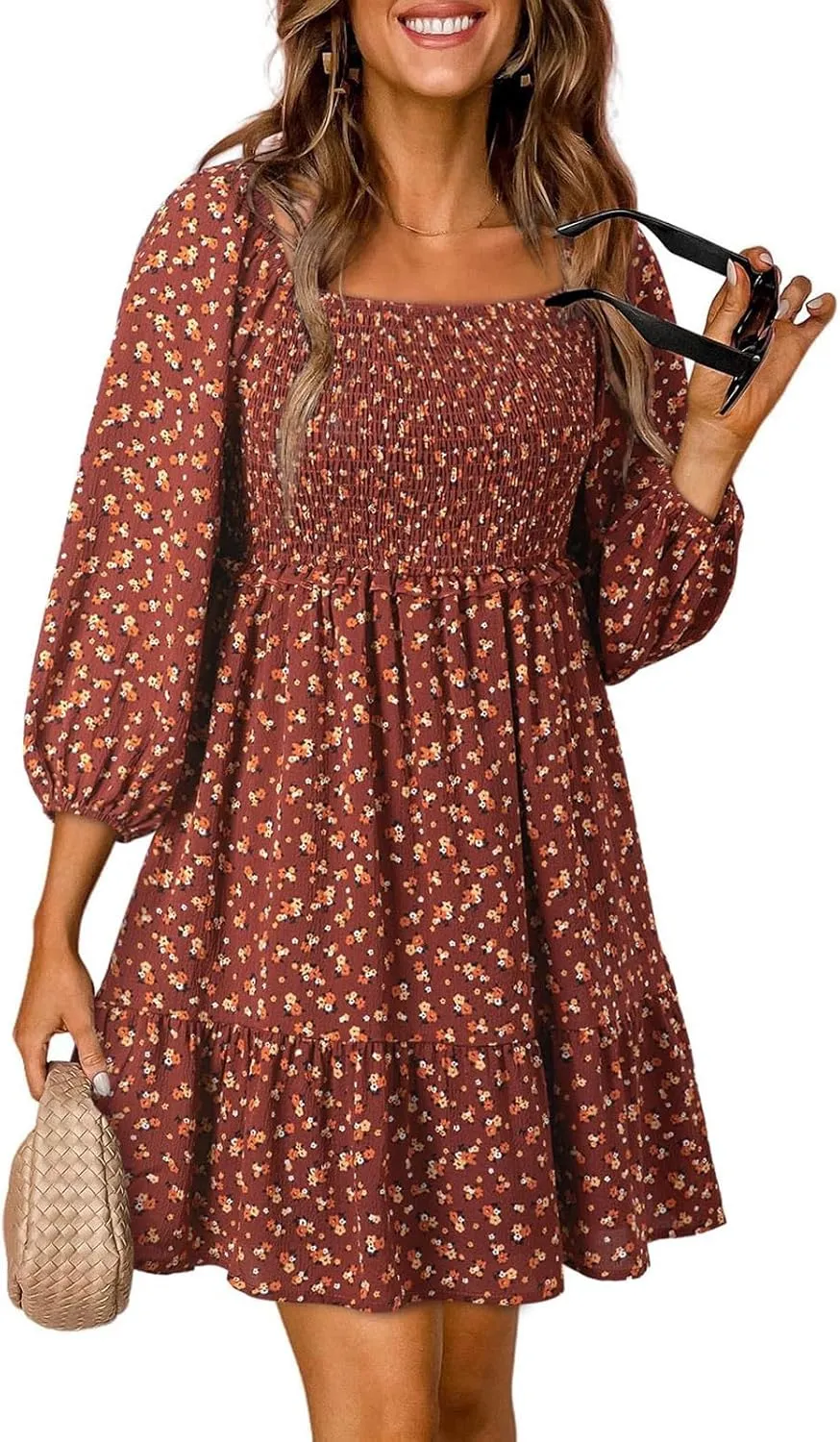 Womens Dresses 2024 Boho Floral Square Neck Smocked Summer Fall Casual 3/4 Sleeve A-Line Flowy Swing Mini Dress