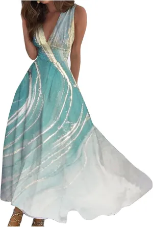 Womens Dresses Flowy Ruched Floral Print Boho Dress Sleeveless Wrap V Neck Beach Dresses Trendy Maxi Dress