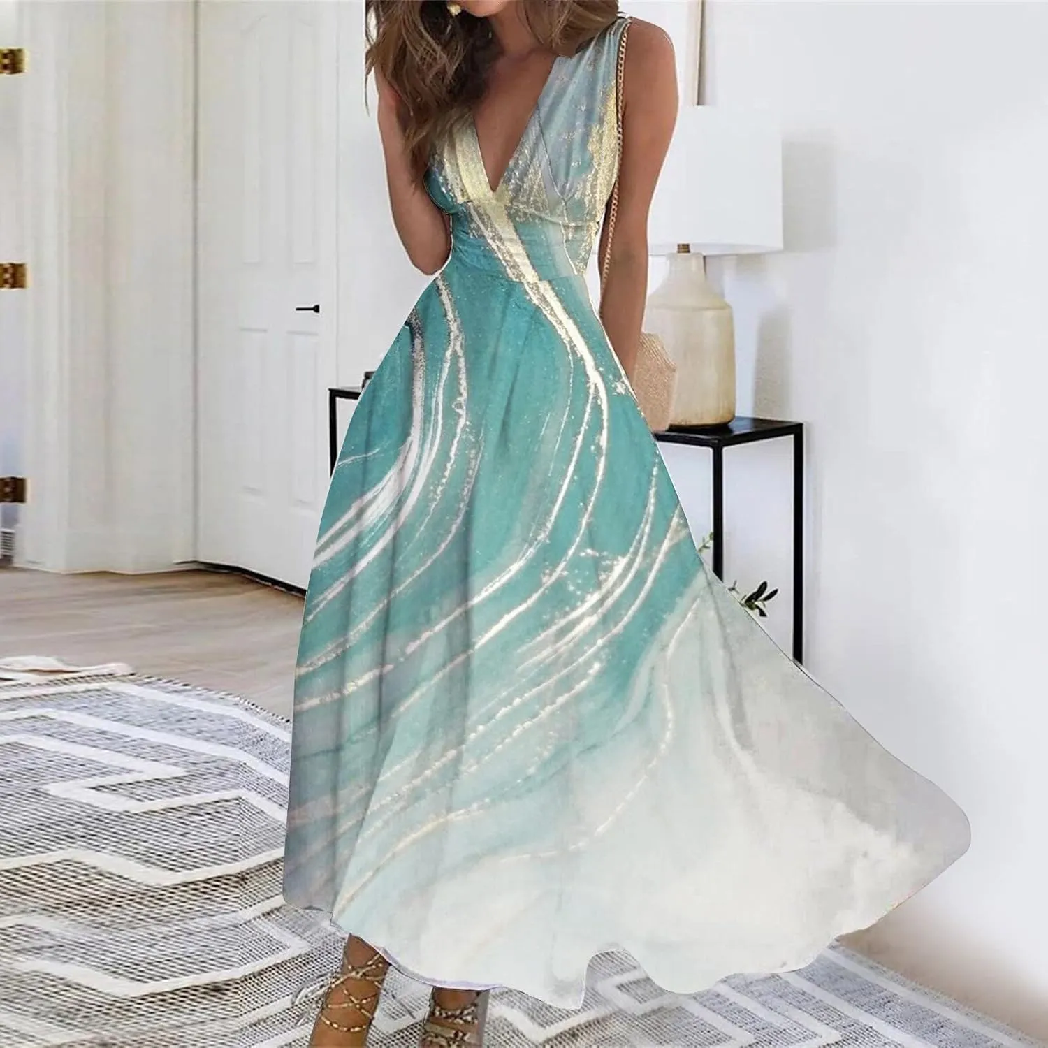Womens Dresses Flowy Ruched Floral Print Boho Dress Sleeveless Wrap V Neck Beach Dresses Trendy Maxi Dress