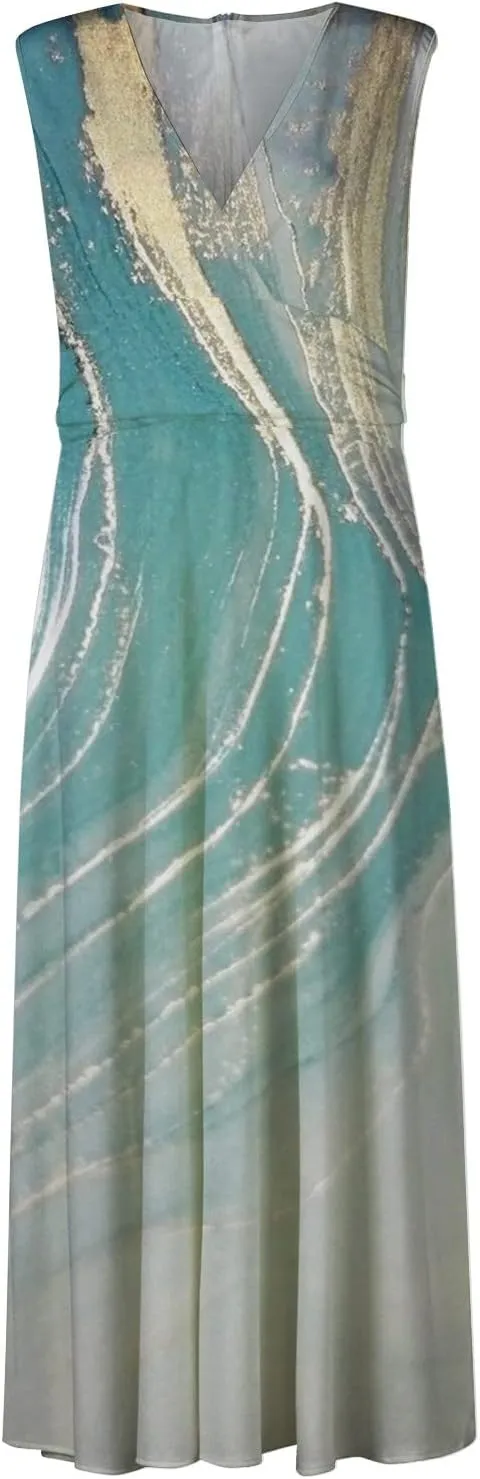 Womens Dresses Flowy Ruched Floral Print Boho Dress Sleeveless Wrap V Neck Beach Dresses Trendy Maxi Dress