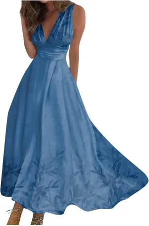 Womens Dresses Flowy Ruched Floral Print Boho Dress Wrap V Neck Sleeveless Sundress Elegant Beach Dresses
