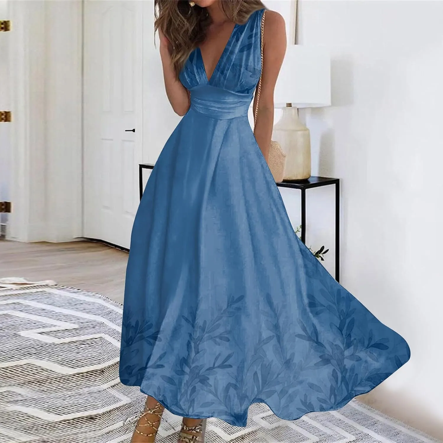 Womens Dresses Flowy Ruched Floral Print Boho Dress Wrap V Neck Sleeveless Sundress Elegant Beach Dresses