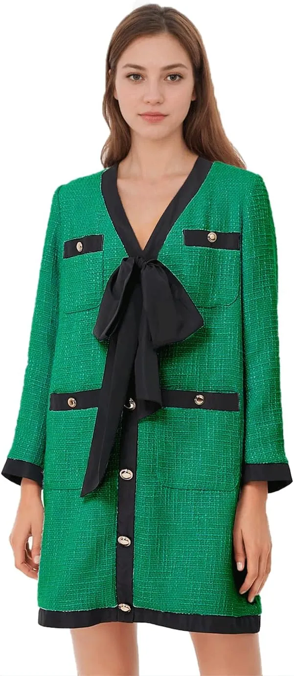 Women's Elegant Tweed Bow Dress V Neck Button Down Long Sleeve Bodycon Mini Dress with Back Zip