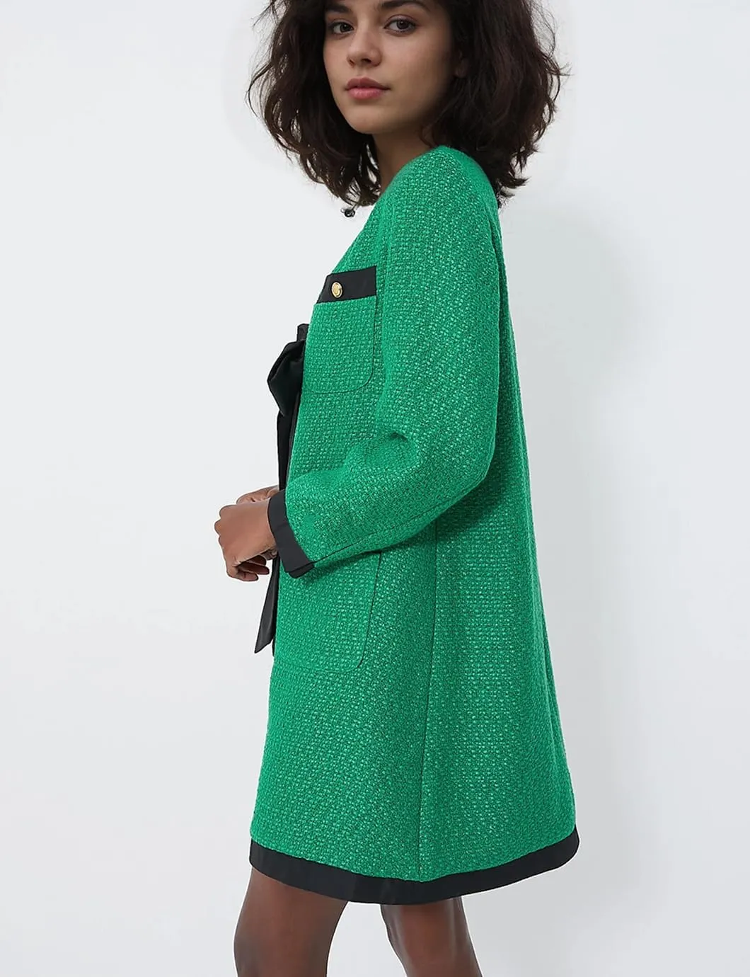Women's Elegant Tweed Bow Dress V Neck Button Down Long Sleeve Bodycon Mini Dress with Back Zip