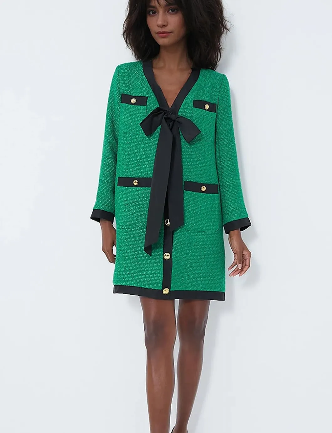 Women's Elegant Tweed Bow Dress V Neck Button Down Long Sleeve Bodycon Mini Dress with Back Zip